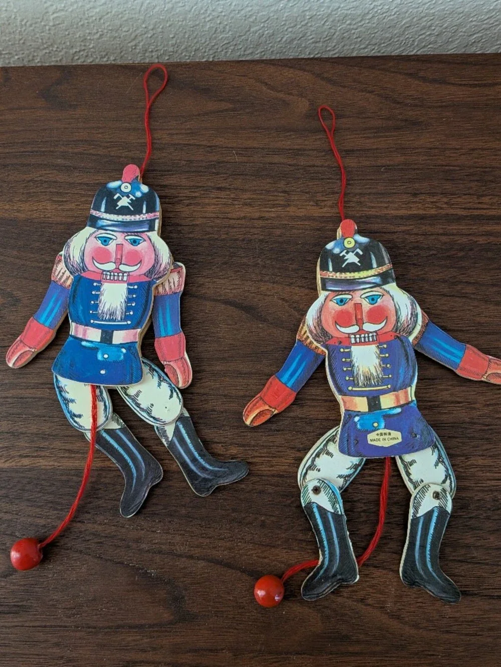 2 Vintage Christmas Nutcracker Pull String Jumping Jack Wooden Puppet Ornaments